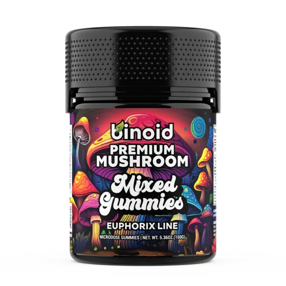 Binoid Euphorix Mushroom Gummies, mixed flavor jar with all three flavors, 20 count
