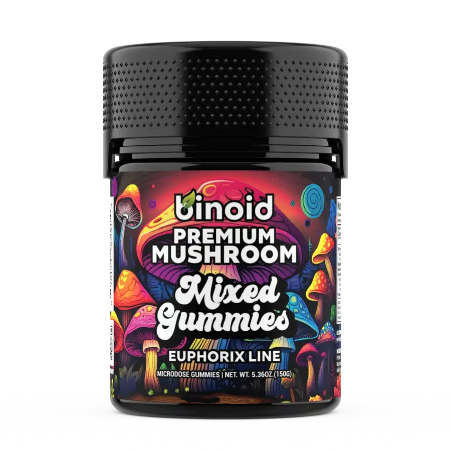 Binoid Euphorix Mushroom Gummies, mixed flavor jar with all three flavors, 20 count