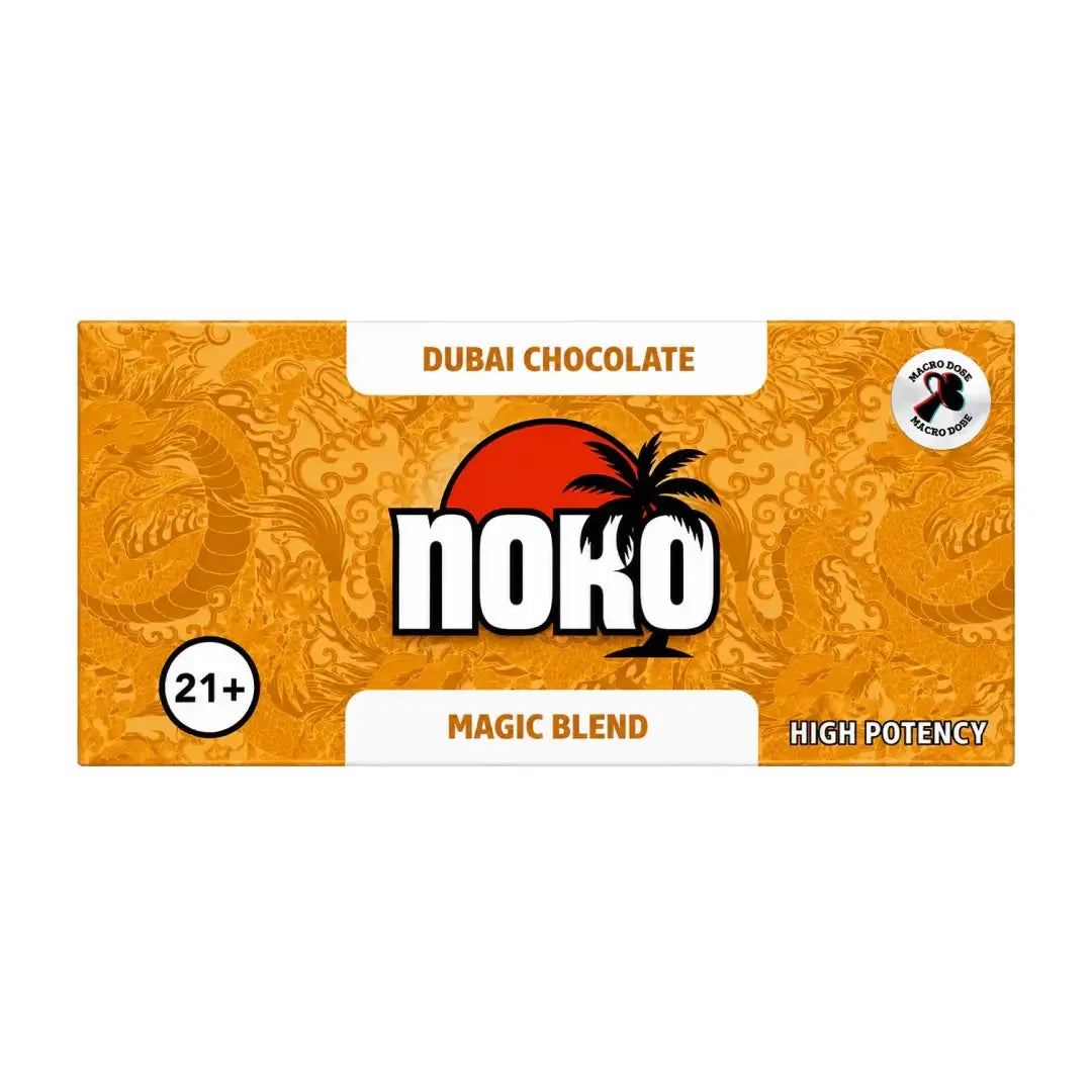 Noko Magic Mushroom Chocolate Bar, Dubai Chocolate flavor, bar packaging, front view