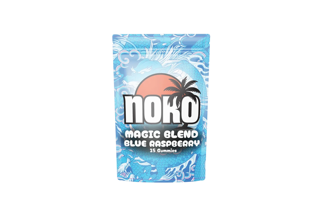 Noko Magic Mushroom Gummies Blue Raspberry, 15 ct pouch, front of pack