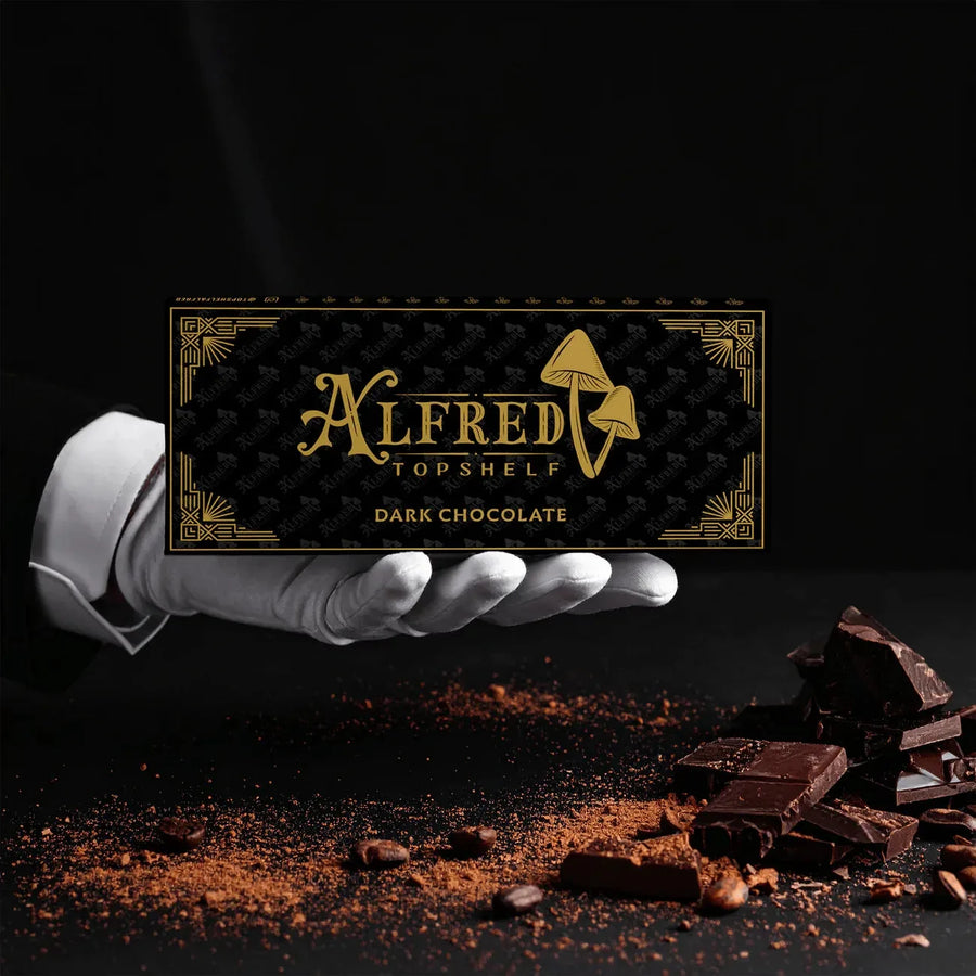 Alfred Topshelf Magic Mushroom Chocolate Bar, Dark Chocolate 70% flavor, 5 g blend, product photo