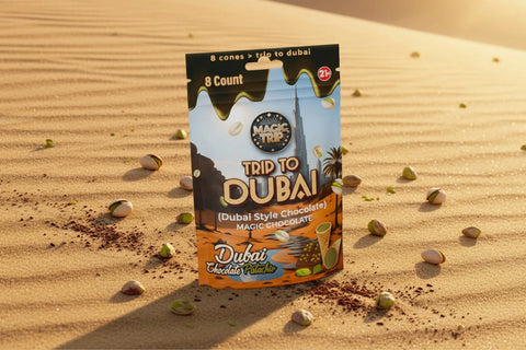 Magic Trip to Dubai Mushroom Cones, pistachio chocolate waffle cones, box product photo