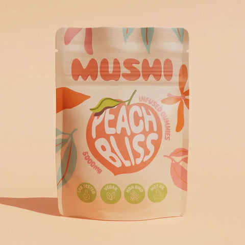 Mushi Mushroom Infused Gummies, 5 ct bag, Peach Bliss