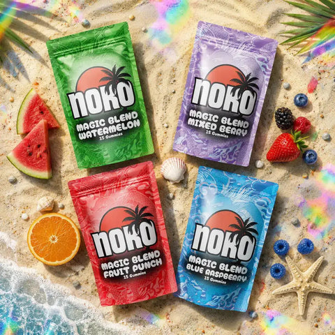Noko Magic Mushroom Gummies 15 ct, sampler view of the four flavor pouches