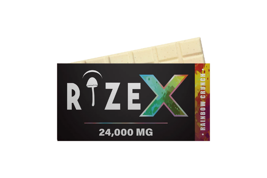 Rize X Magic Mushroom Chocolate Bar, Rainbow Crunch flavor, 24 g blend bar and packaging