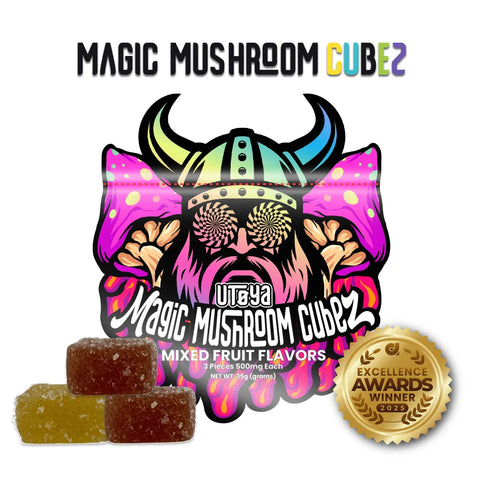 Utoya Magic Mushroom Cubez, gummy cubes and pack, mixed fruit flavors