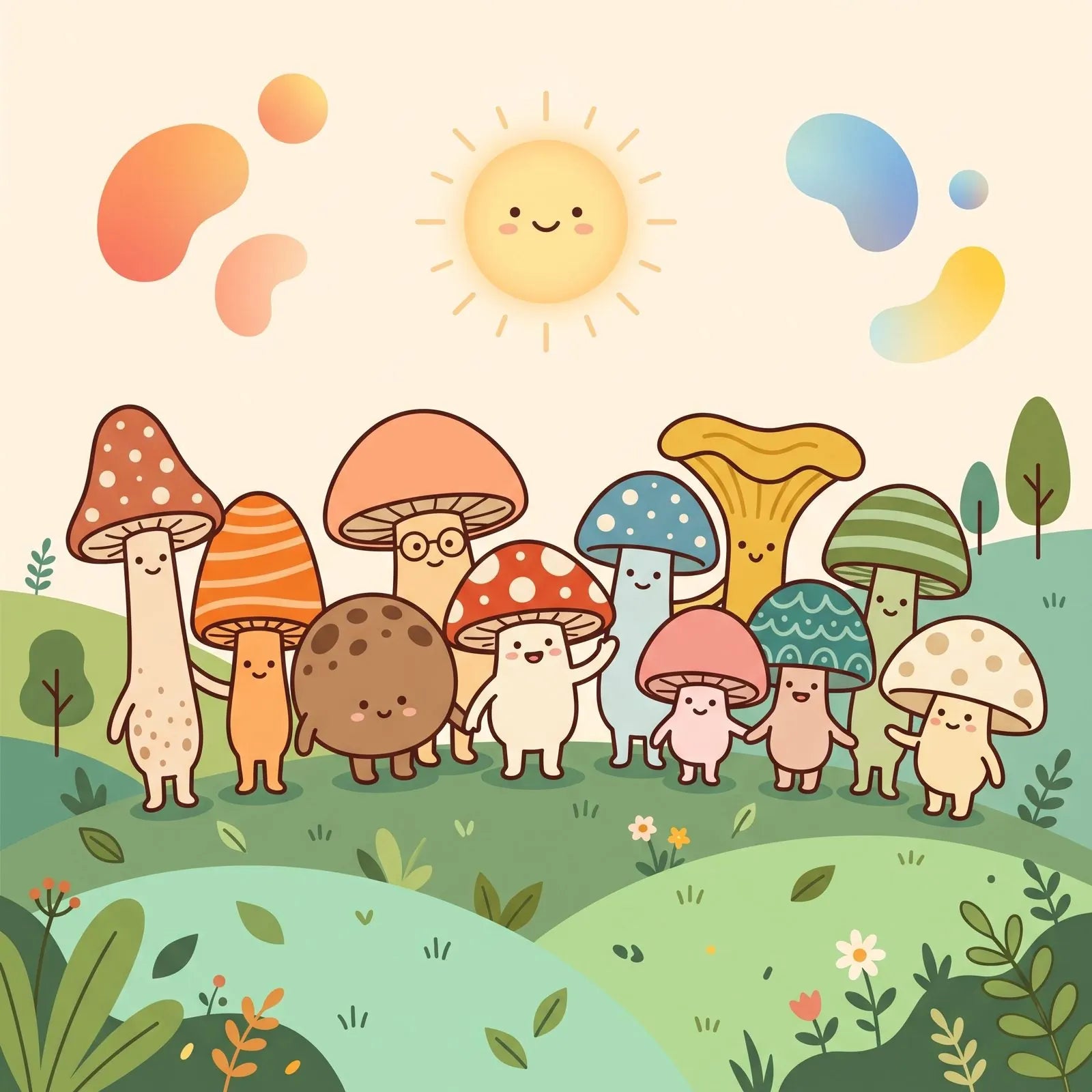Illustration of a community of friendly mushroom characters